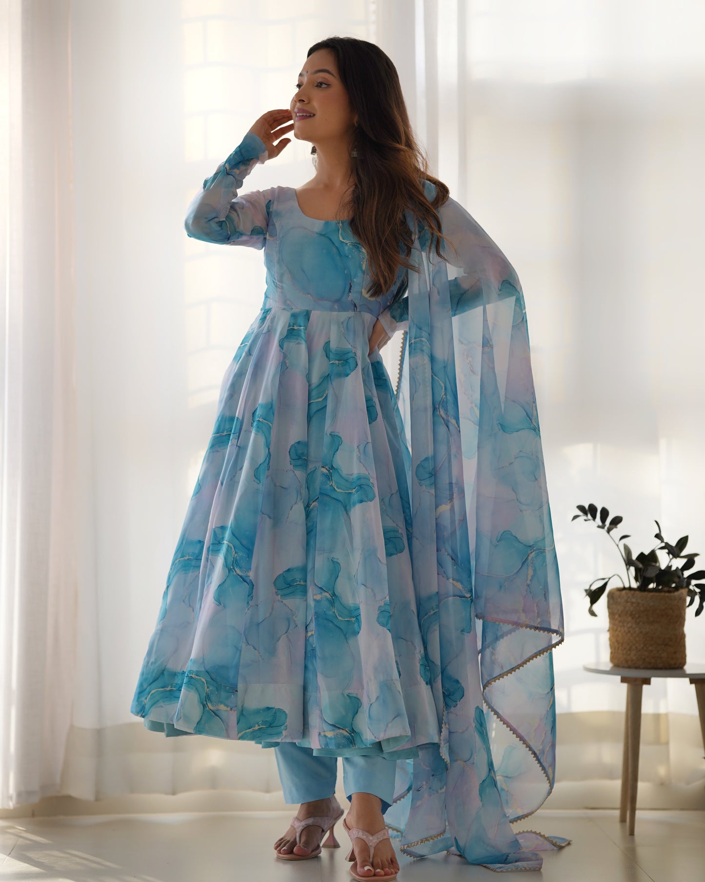 Amazing Soft Organza Silk Marble Print Anarkali Set – Fully Stitched & Ready to Wear