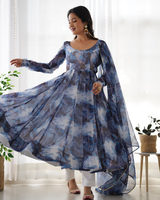 Amazing Soft Organza Silk Marble Print Anarkali Set – Fully Stitched & Ready to Wear