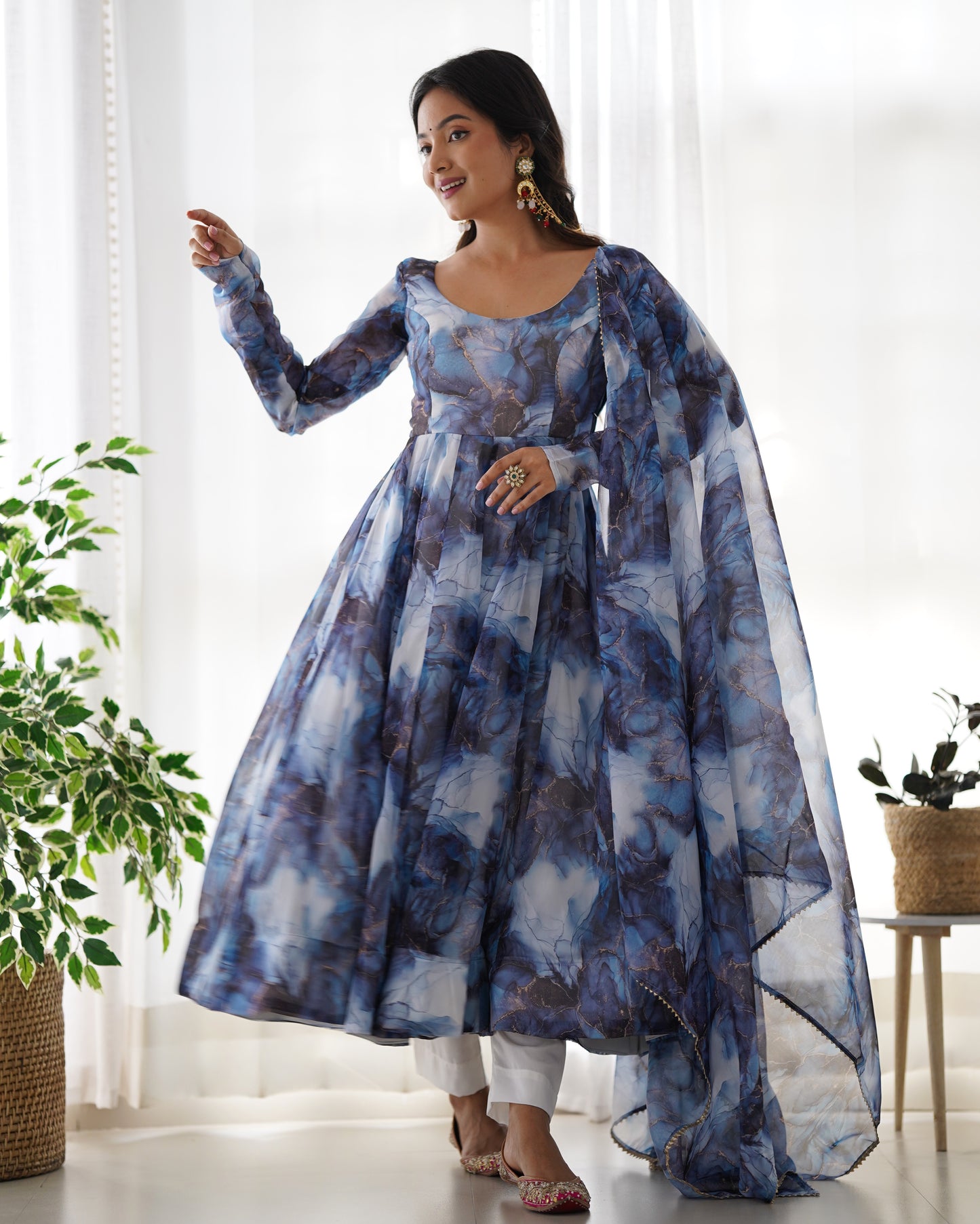 Amazing Soft Organza Silk Marble Print Anarkali Set – Fully Stitched & Ready to Wear