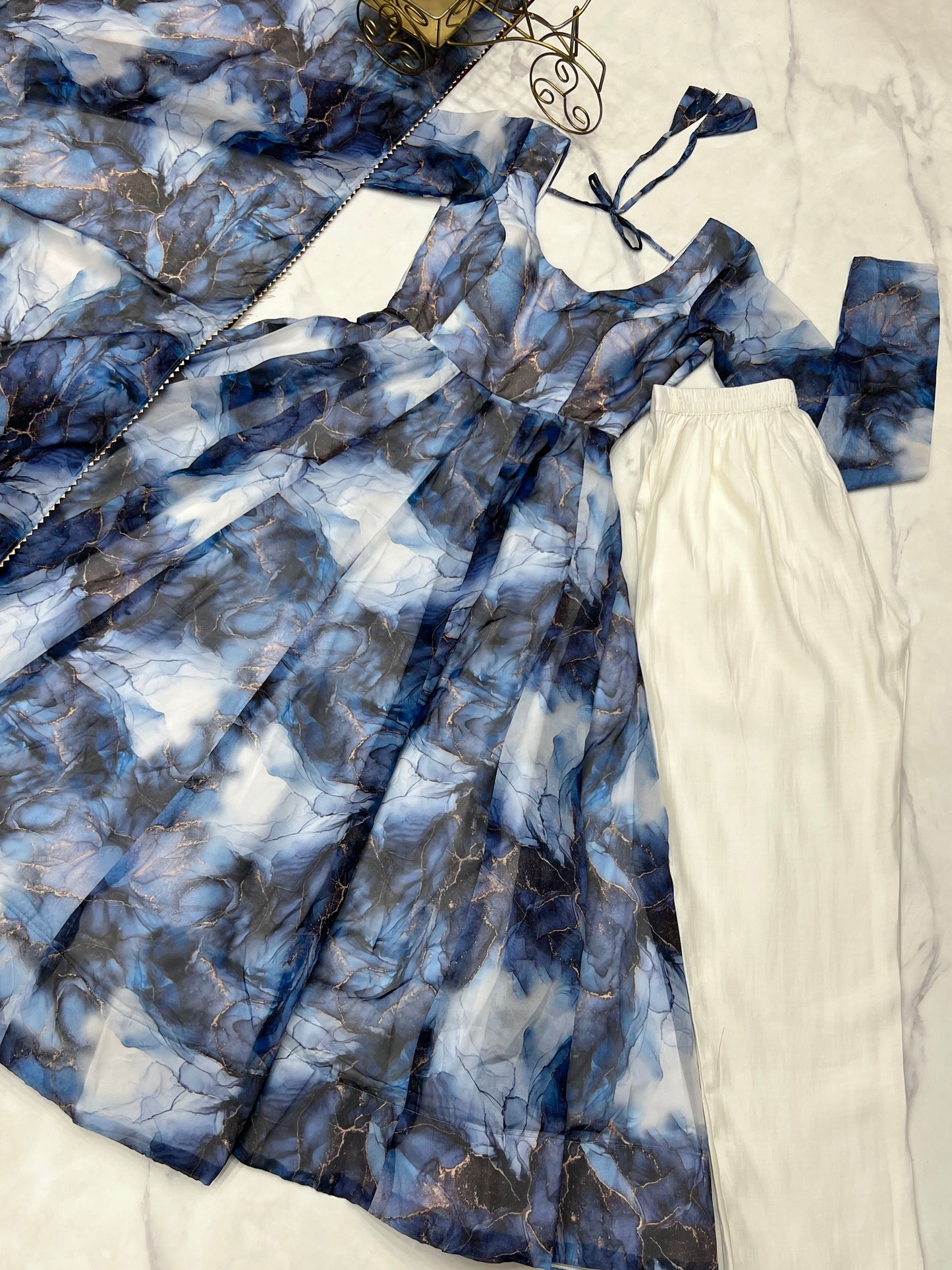 Amazing Soft Organza Silk Marble Print Anarkali Set – Fully Stitched & Ready to Wear