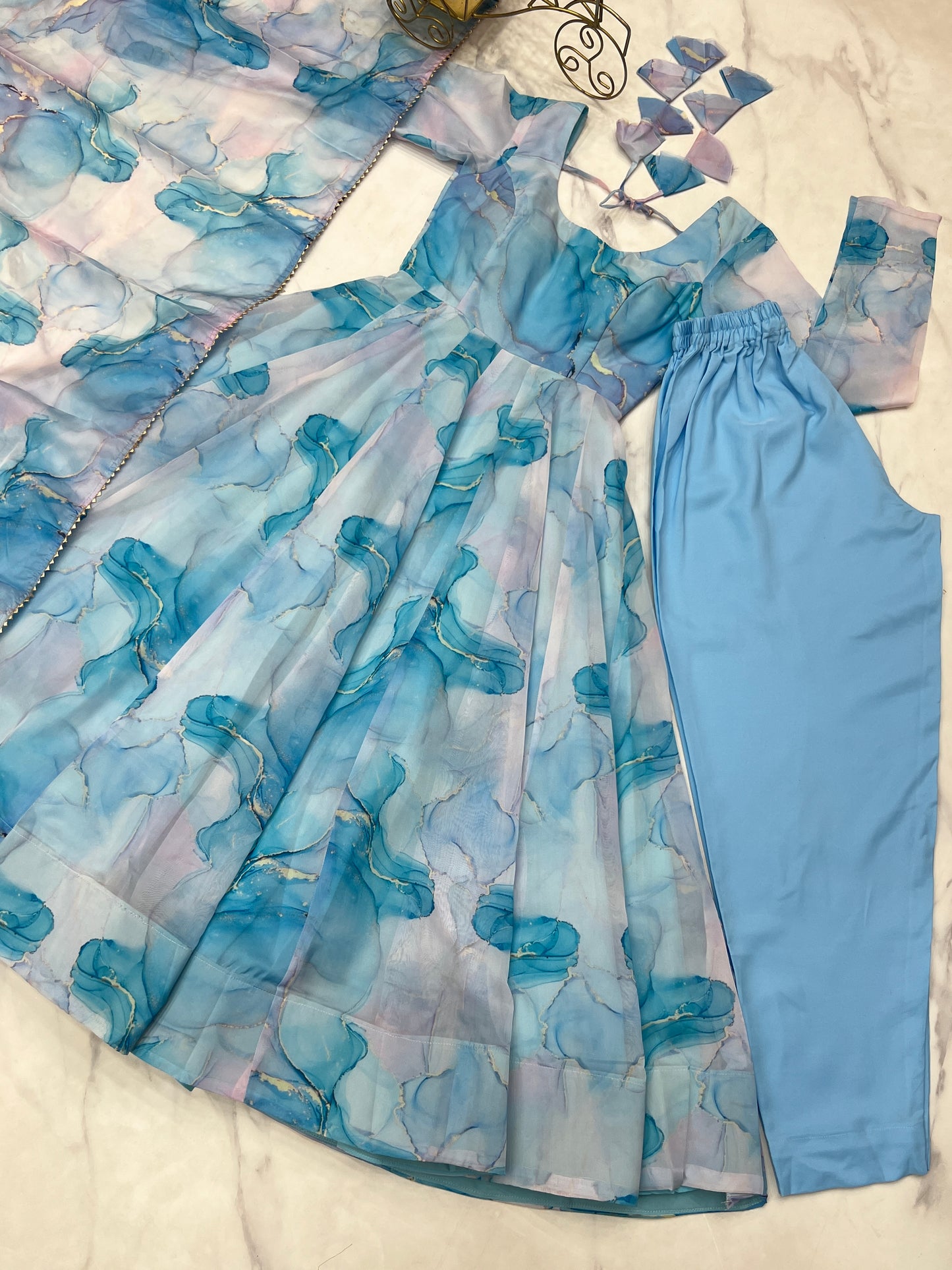 Amazing Soft Organza Silk Marble Print Anarkali Set – Fully Stitched & Ready to Wear