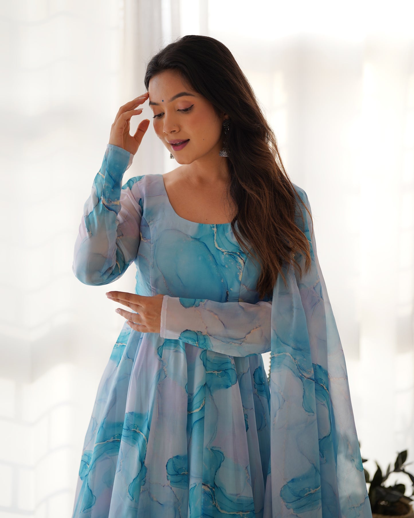 Amazing Soft Organza Silk Marble Print Anarkali Set – Fully Stitched & Ready to Wear