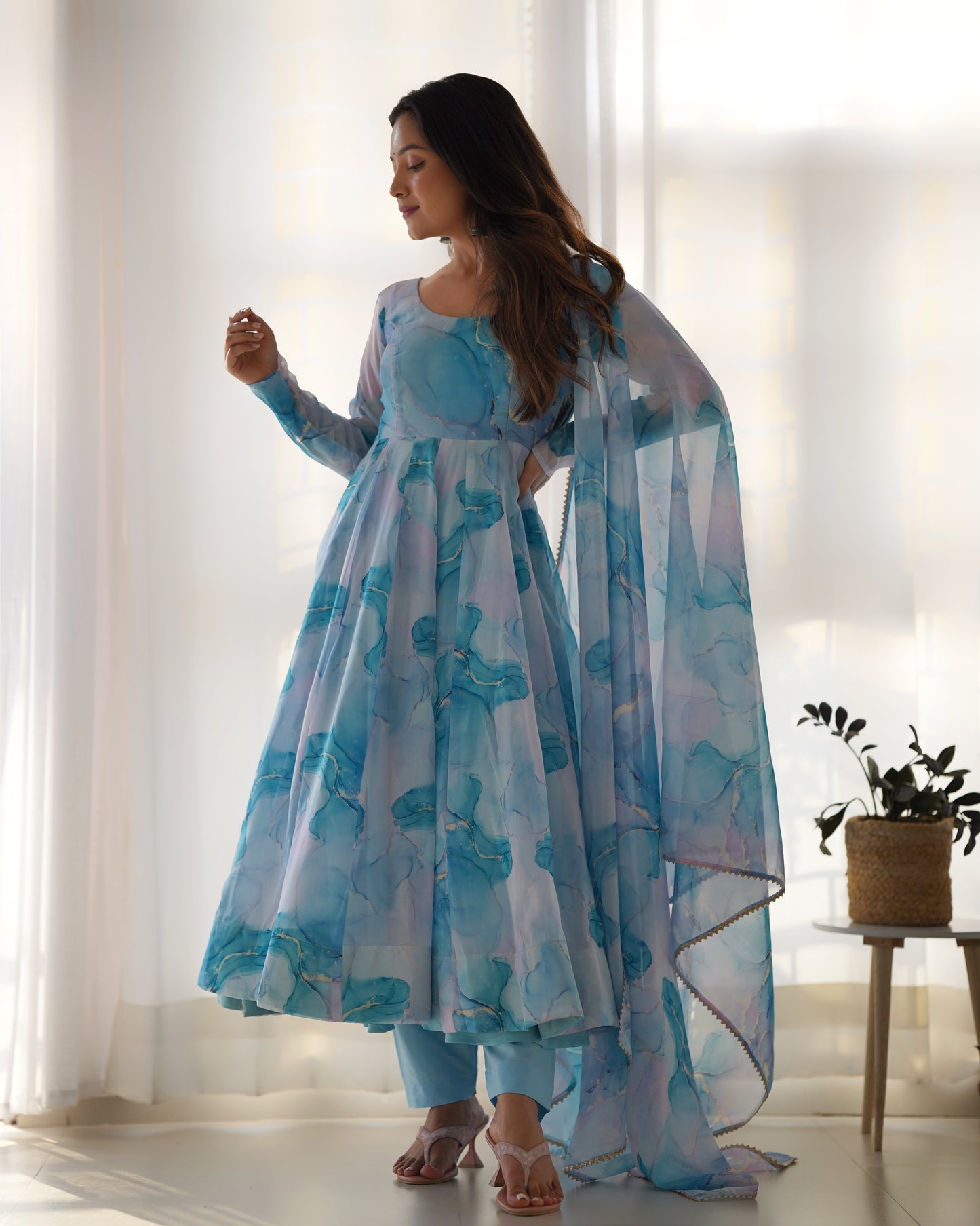 Amazing Soft Organza Silk Marble Print Anarkali Set – Fully Stitched & Ready to Wear