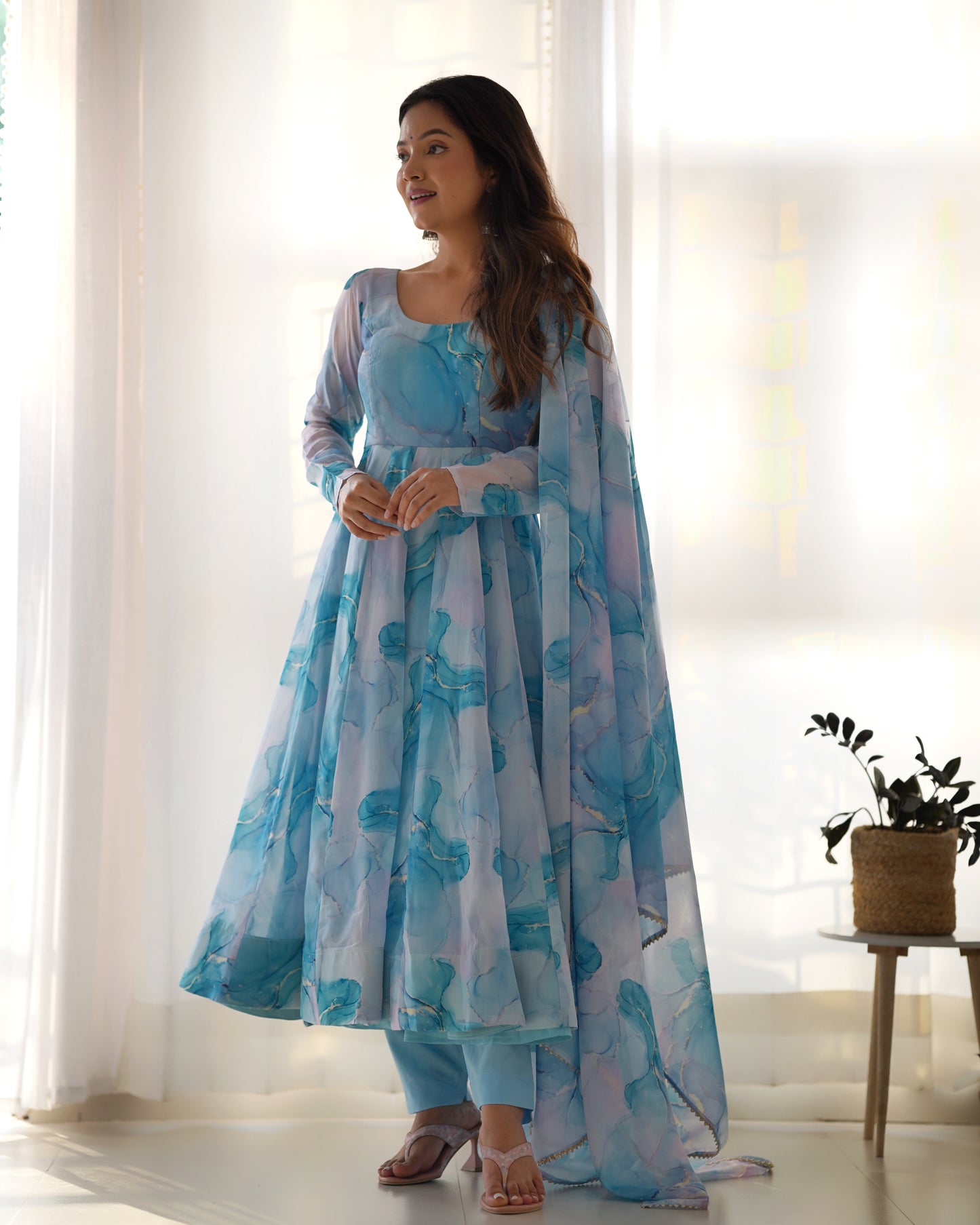 Amazing Soft Organza Silk Marble Print Anarkali Set – Fully Stitched & Ready to Wear