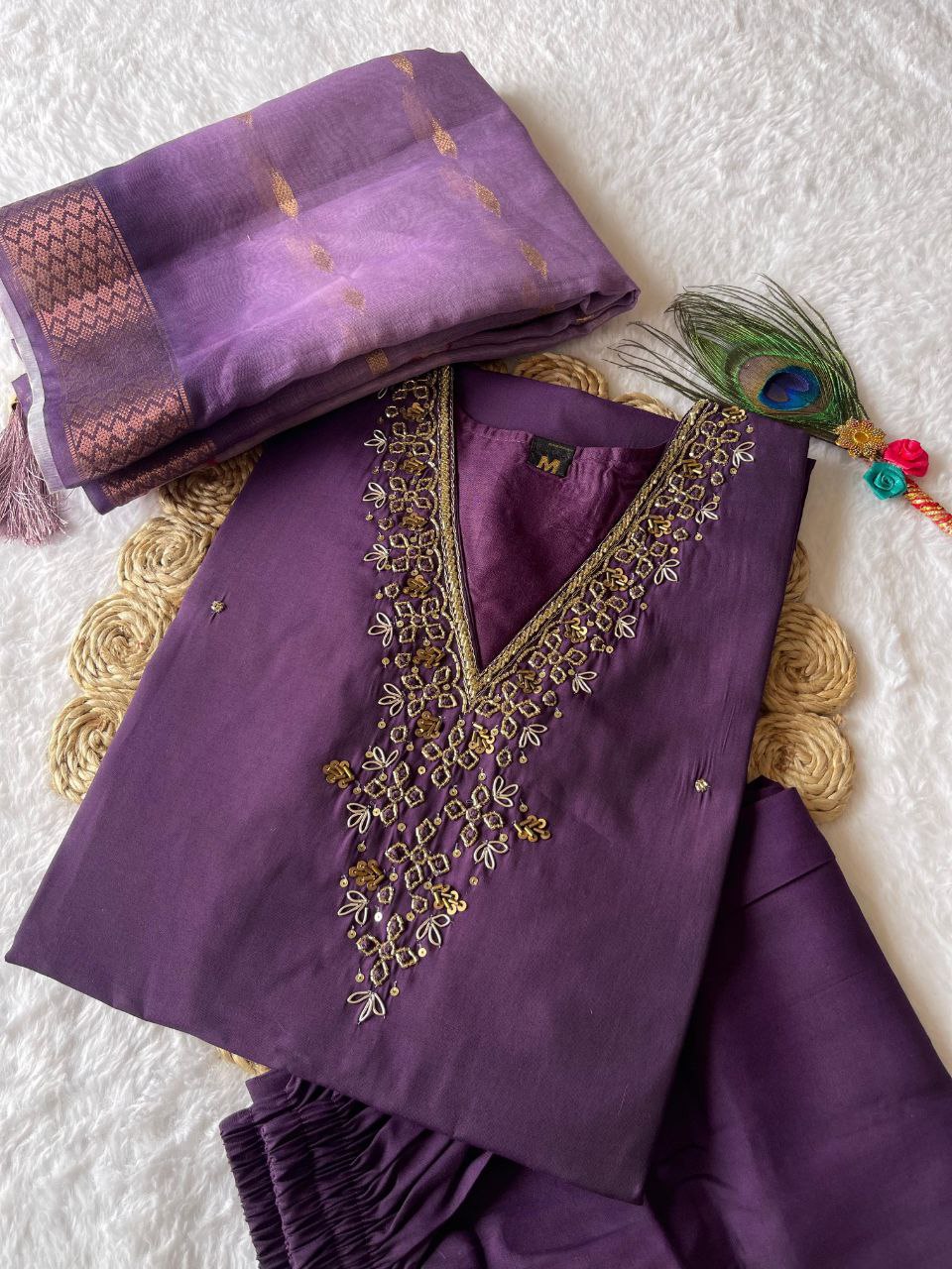 Entrancing Wine Roman Silk Handworked Kurta Pant Dupatta Set - Ethnicwish