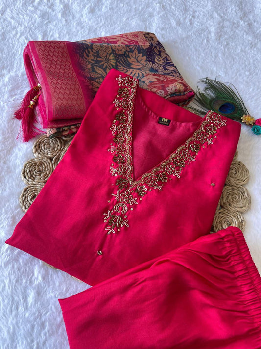Glamorous Rasberry Roman Silk Handworked Kurta Pant Dupatta Set - Ethnicwish