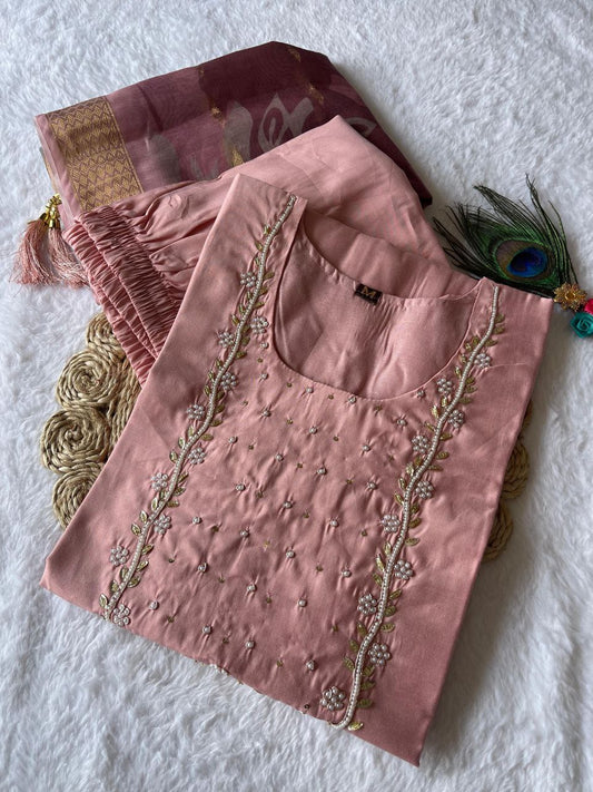 Shimmering Light Pink Roman Silk Handworked Kurta Pant Dupatta Set - Ethnicwish