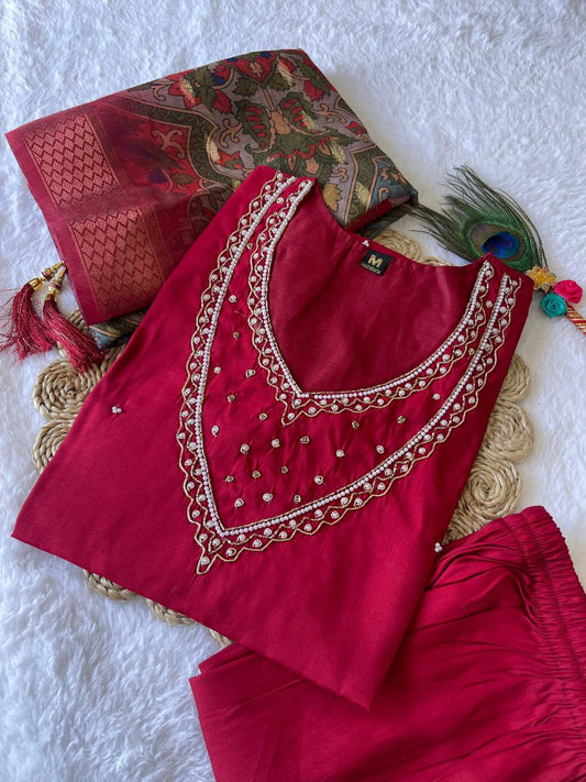 Ethereal Rani Pink Roman Silk Handworked Kurta Pant Dupatta Set - Ethnicwish