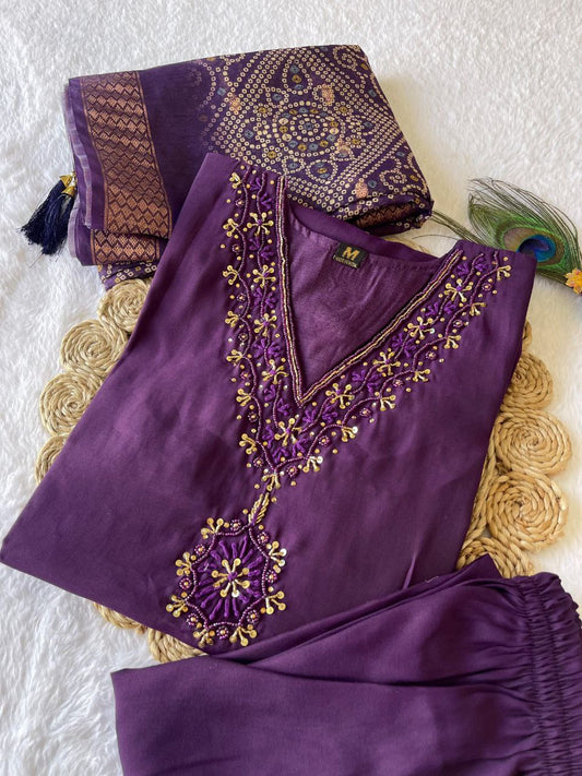 Fascinating Wine Roman Silk Handworked Kurta Pant Dupatta Set - Ethnicwish