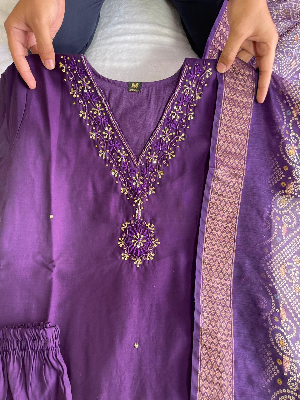 Fascinating Wine Roman Silk Handworked Kurta Pant Dupatta Set - Ethnicwish