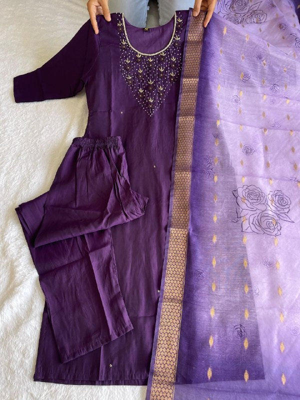Radiant Wine Roman Silk Handworked Kurta Pant Dupatta Set - Ethnicwish