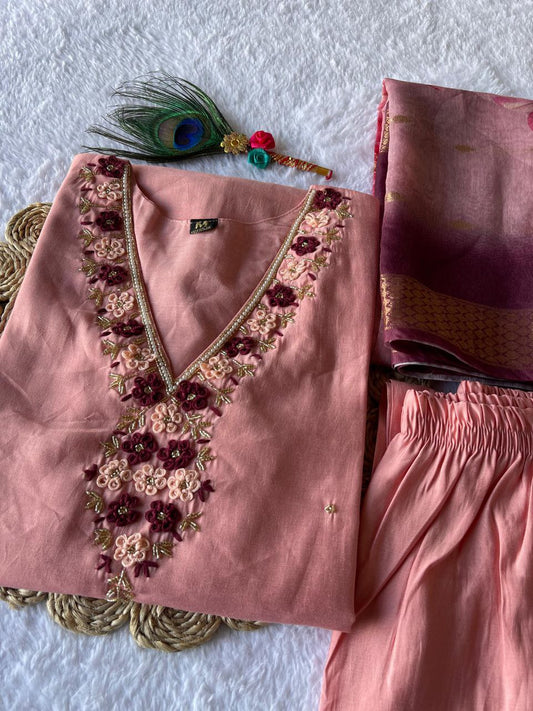 Beguiling Peach Roman Silk Handworked Kurta Pant Dupatta Set - Ethnicwish