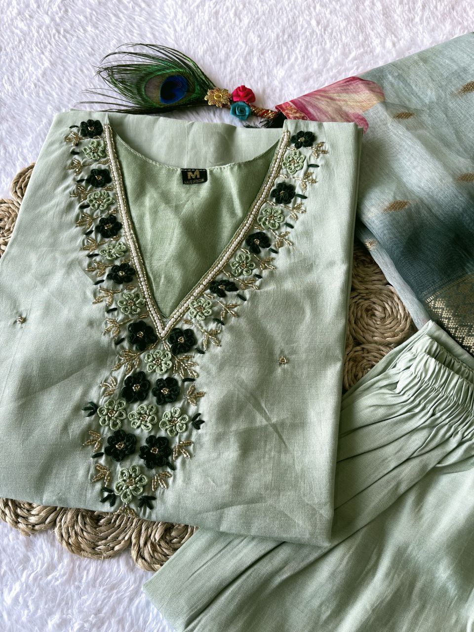 Gorgeous Pista Roman Silk Handworked Kurta Pant Dupatta Set - Ethnicwish