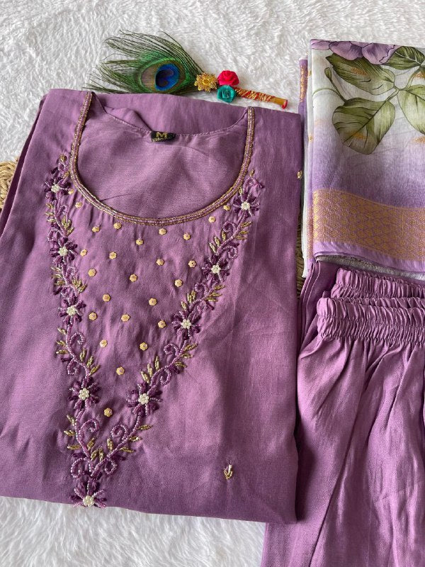 Elegant Magenta Roman Silk Handworked Kurta Pant Dupatta Set - Ethnicwish