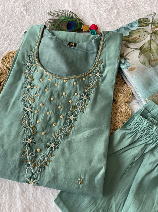 Comely Teal Roman Silk Handworked Kurta Pant Dupatta Set - Ethnicwish