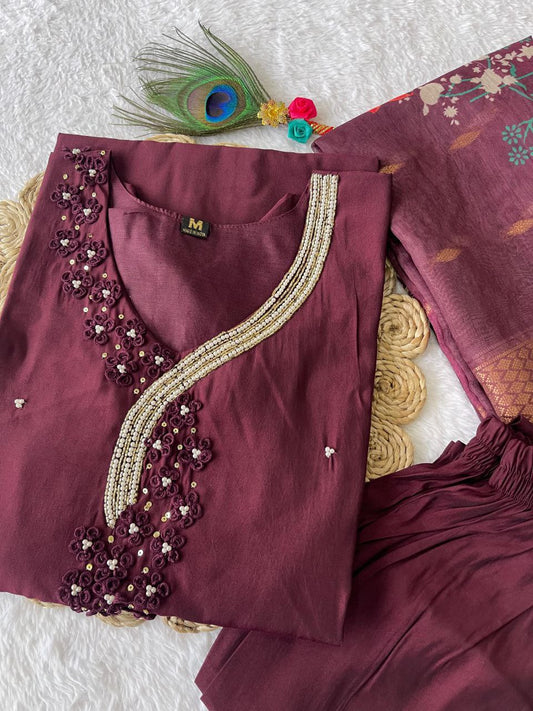 Captivating Dark Maroon Roman Silk Handworked Kurta Pant Dupatta Set - Ethnicwish