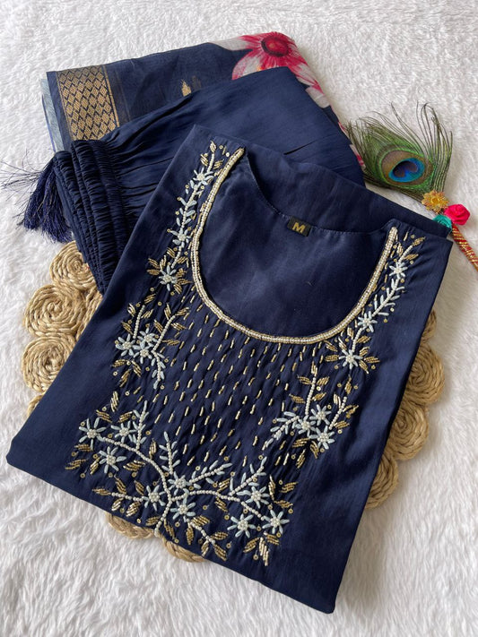 Bewitching Navy Blue Roman Silk Handworked Kurta Pant Dupatta Set - Ethnicwish