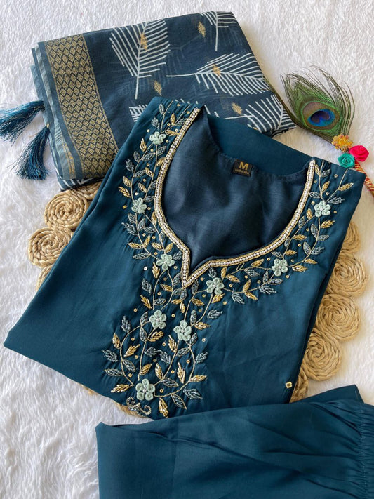 Fetching Dark Peacock Roman Silk Handworked Kurta Pant Dupatta Set - Ethnicwish