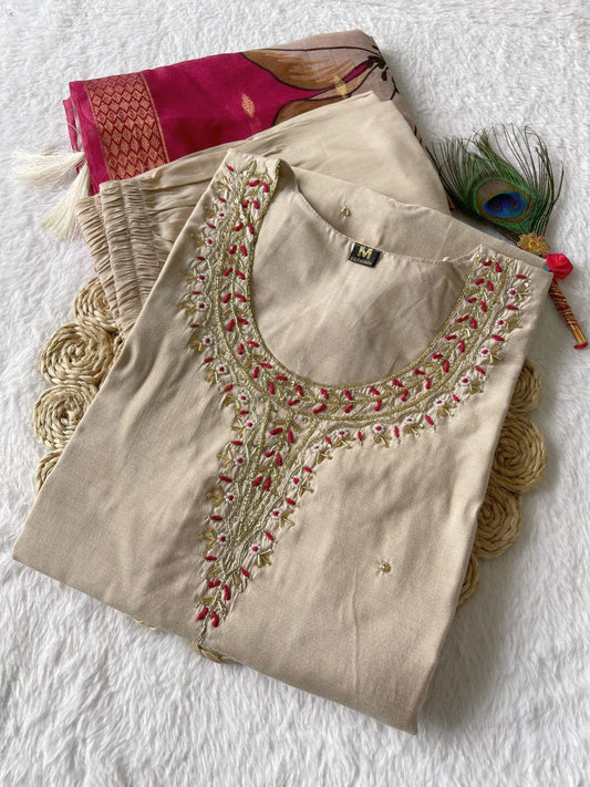 Delightful Cream Roman Silk Handworked Kurta Pant Dupatta Set - Ethnicwish
