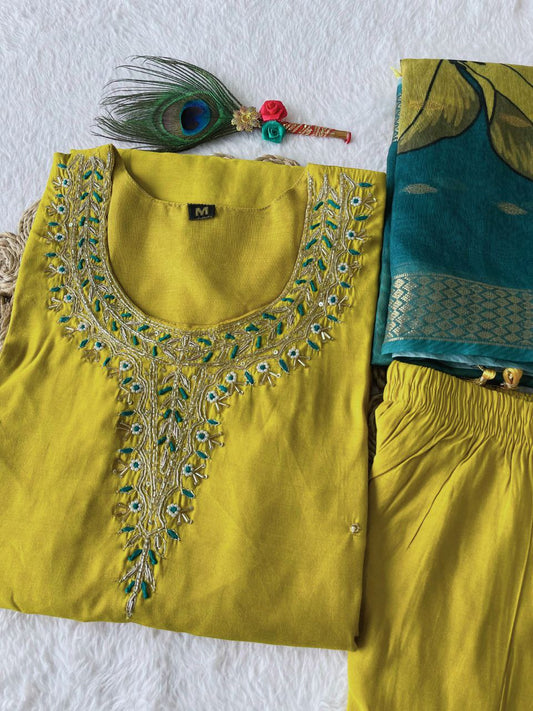 Fetching Lemon Yellow Roman Silk Handworked Kurta Pant Dupatta Set - Ethnicwish