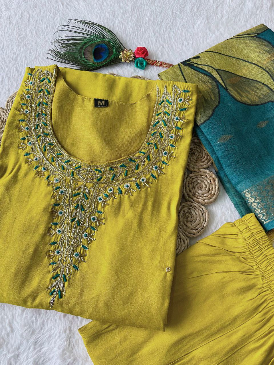 Fetching Lemon Yellow Roman Silk Handworked Kurta Pant Dupatta Set - Ethnicwish