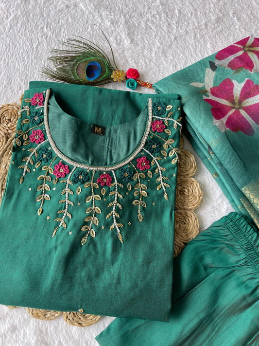 Hypnotic Green Roman Silk Handworked Kurta Pant Dupatta Set - Ethnicwish