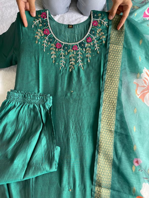 Hypnotic Green Roman Silk Handworked Kurta Pant Dupatta Set - Ethnicwish