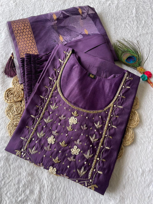 Posh Light Purple Roman Silk Handworked Kurta Pant Dupatta Set - Ethnicwish