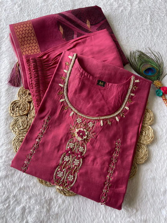 Enticing Rouge Roman Silk Handworked Kurta Pant Dupatta Set - Ethnicwish