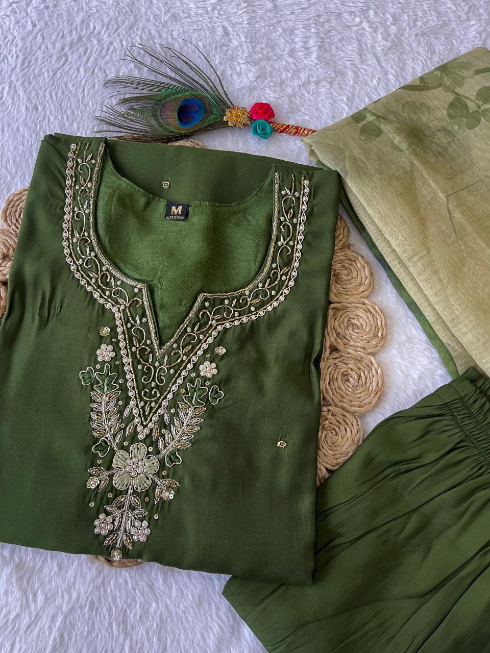Sublime Dark Mehendi Roman Silk Handworked Kurta Pant Dupatta Set - Ethnicwish