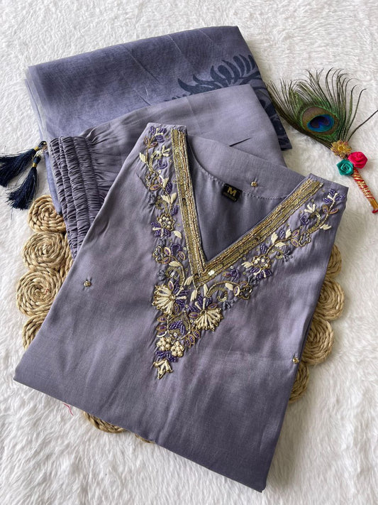 Breathtaking Lavender Roman Silk Handworked Kurta Pant Dupatta Set - Ethnicwish