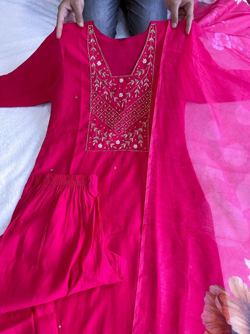 Chic Rani Pink Roman Silk Handworked Kurta Pant Dupatta Set - Ethnicwish