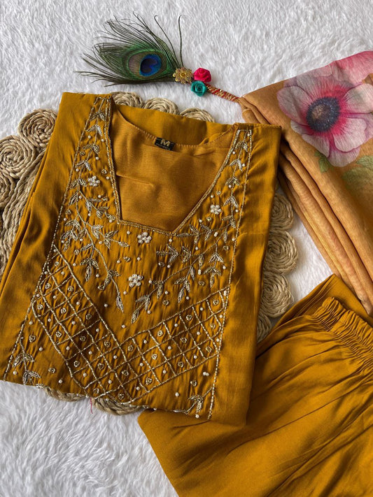 Resplendent Mustard Yellow Roman Silk Handworked Kurta Pant Dupatta Set - Ethnicwish