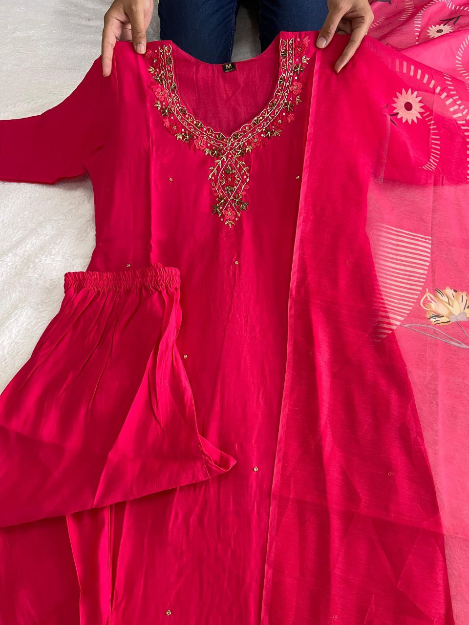 Stylish Tomato Roman Silk Handworked Kurta Pant Dupatta Set - Ethnicwish
