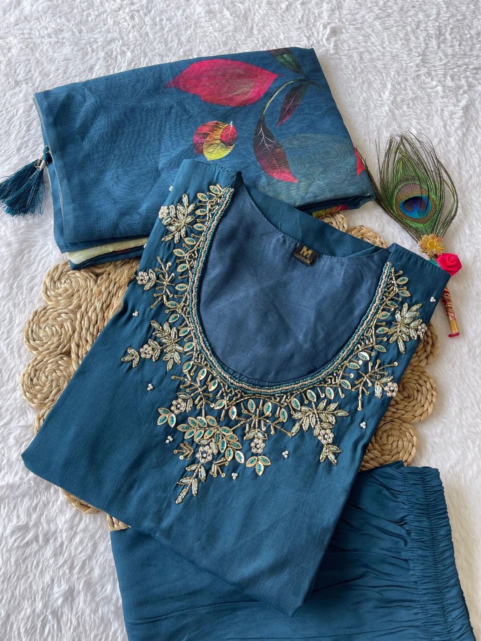 Divine Morpich Roman Silk Handworked Kurta Pant Dupatta Set - Ethnicwish