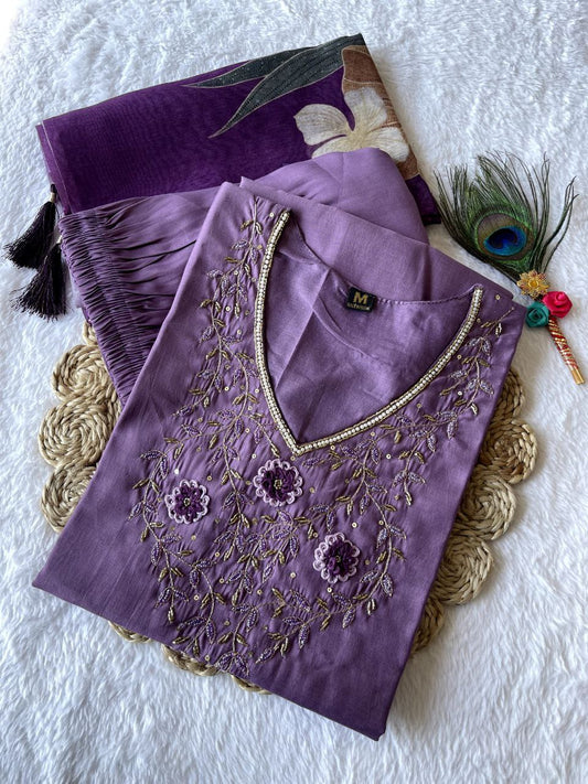 Ravishing Light Purple Roman Silk Handworked Kurta Pant Dupatta Set - Ethnicwish
