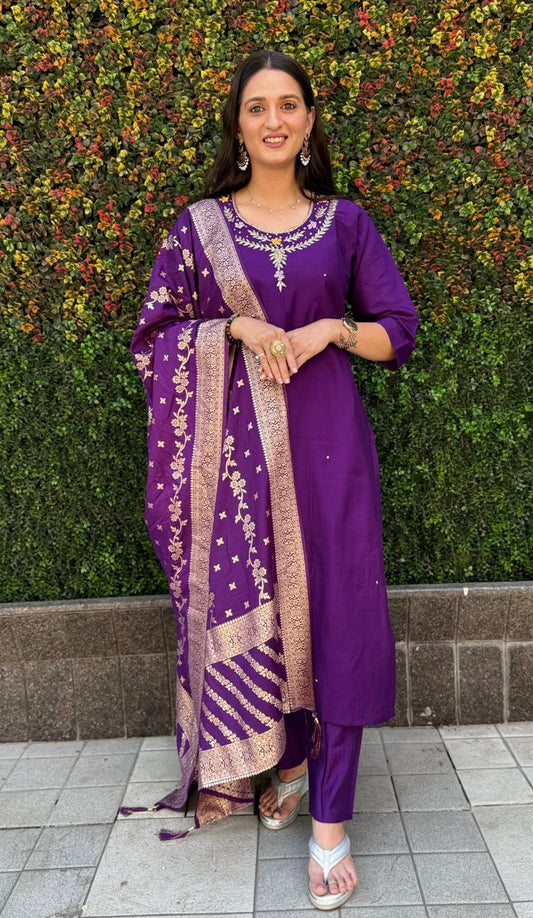 Radiant Purple Roman Silk Handworked Kurta Pant Dupatta Set - Ethnicwish