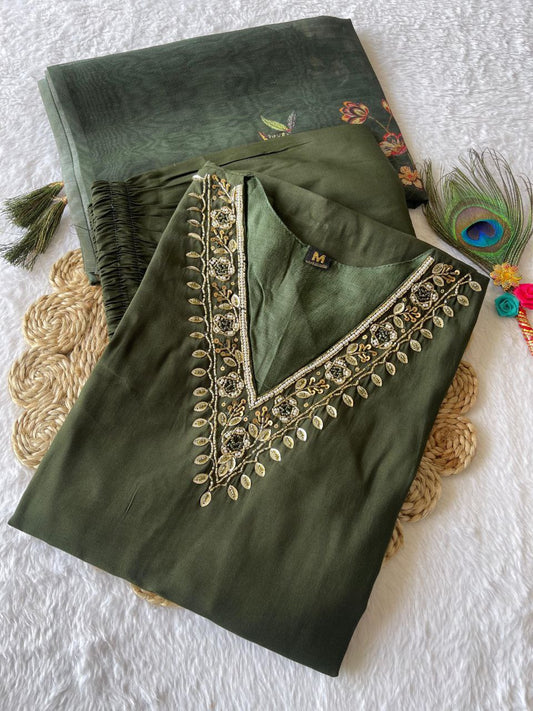Luminous Mehendi Roman Silk Handworked Kurta Pant Dupatta Set - Ethnicwish