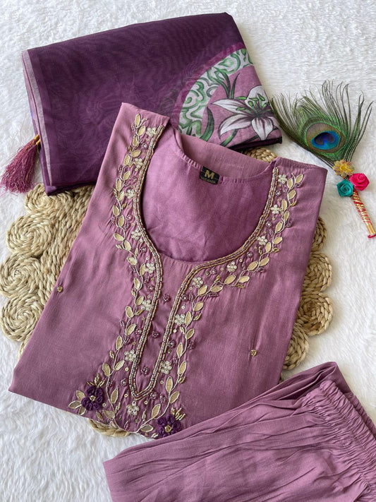 Alluring Light Wine Roman Silk Handworked Kurta Pant Dupatta Set - Ethnicwish