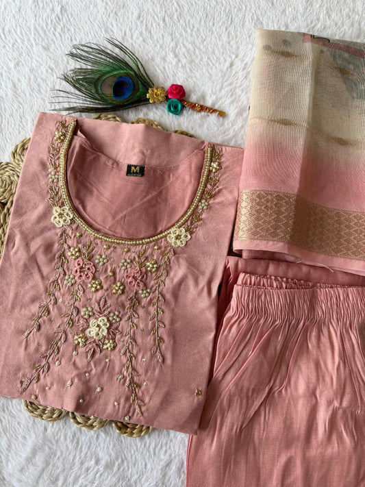 Magnificent Peach Roman Silk Handworked Kurta Pant Dupatta Set - Ethnicwish