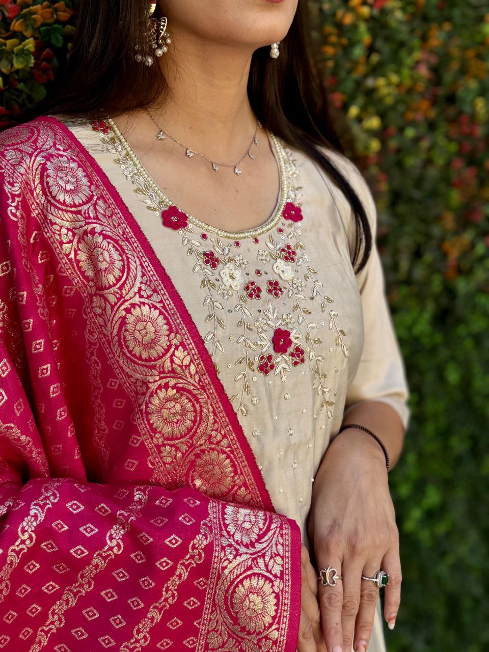 Lovely Cream Roman Silk Handworked Kurta Pant Dupatta Set - Ethnicwish