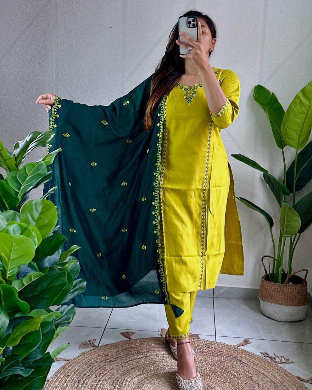 Sublime Parrot Green Roman Silk Handworked Kurta Pant Dupatta Set - Ethnicwish
