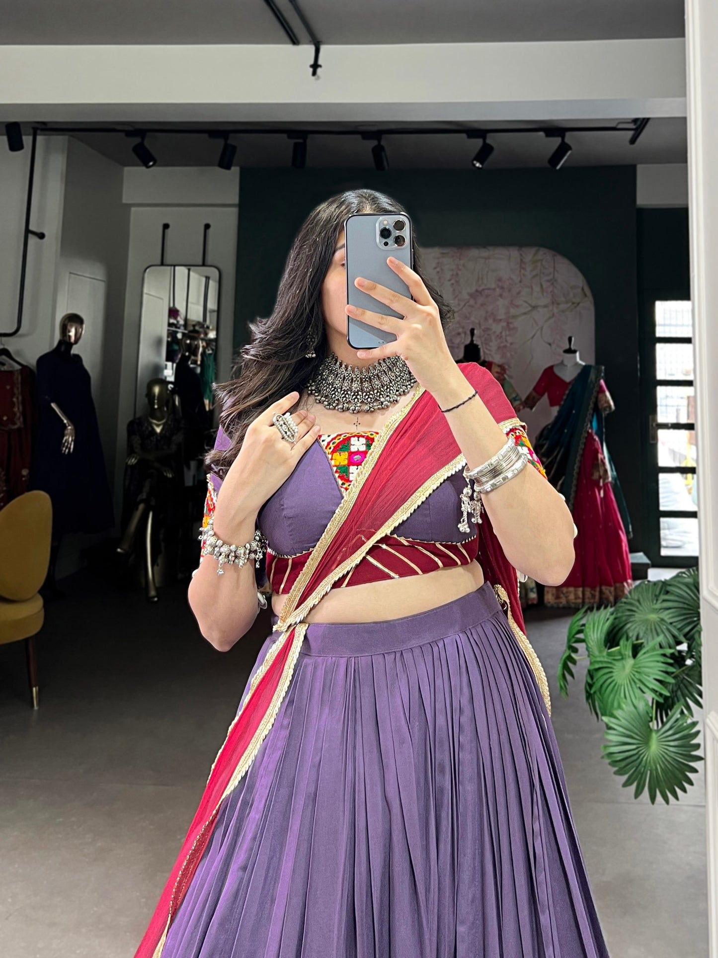 Lavender Embosse Sequins Lace Border Worked Navratri Lehenga Choli