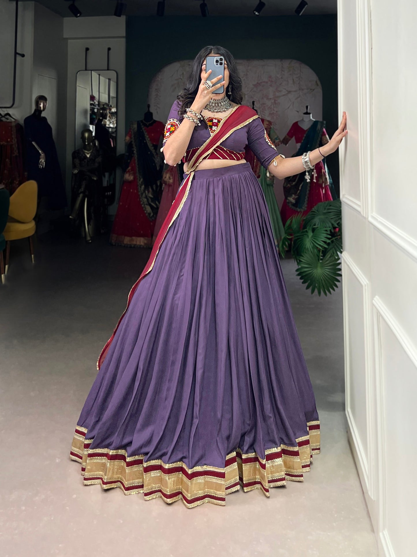 Lavender Embosse Sequins Lace Border Worked Navratri Lehenga Choli