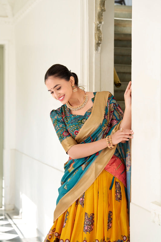 Spectacular Dola Silk Kalamkari Printed Lehenga Choli Set - Ethnicwish