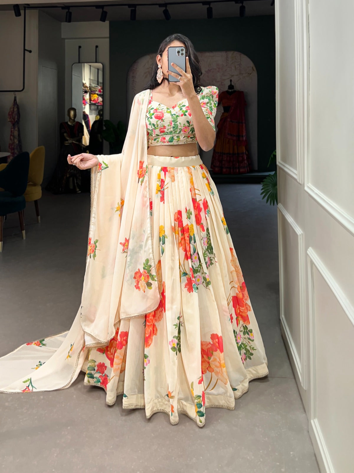 Fetching Cream Georgette Floral Printed Lehenga Choli Set - Ethnicwish