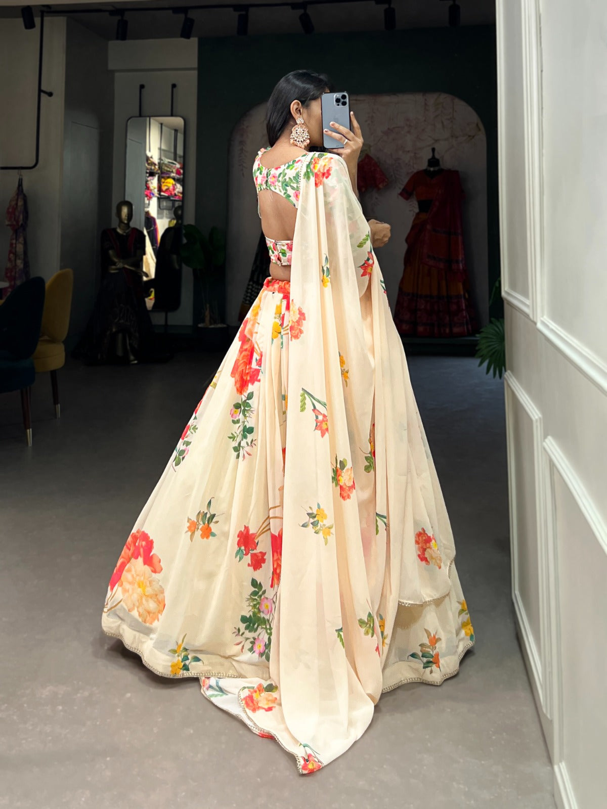 Fetching Cream Georgette Floral Printed Lehenga Choli Set - Ethnicwish
