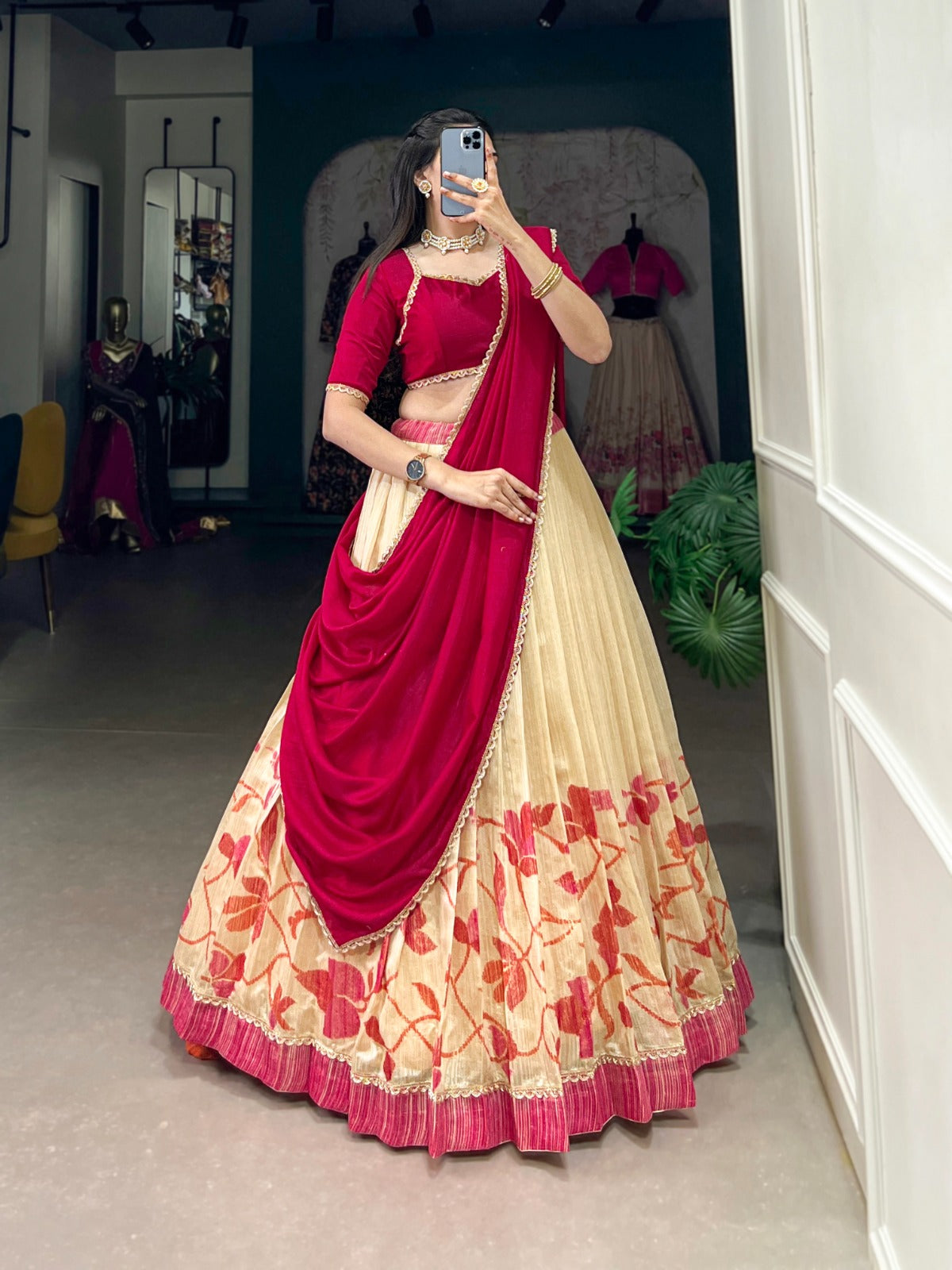 Elegant Silk Printed lace Border Worked Stitched Lehenga Choli - Ethnicwish