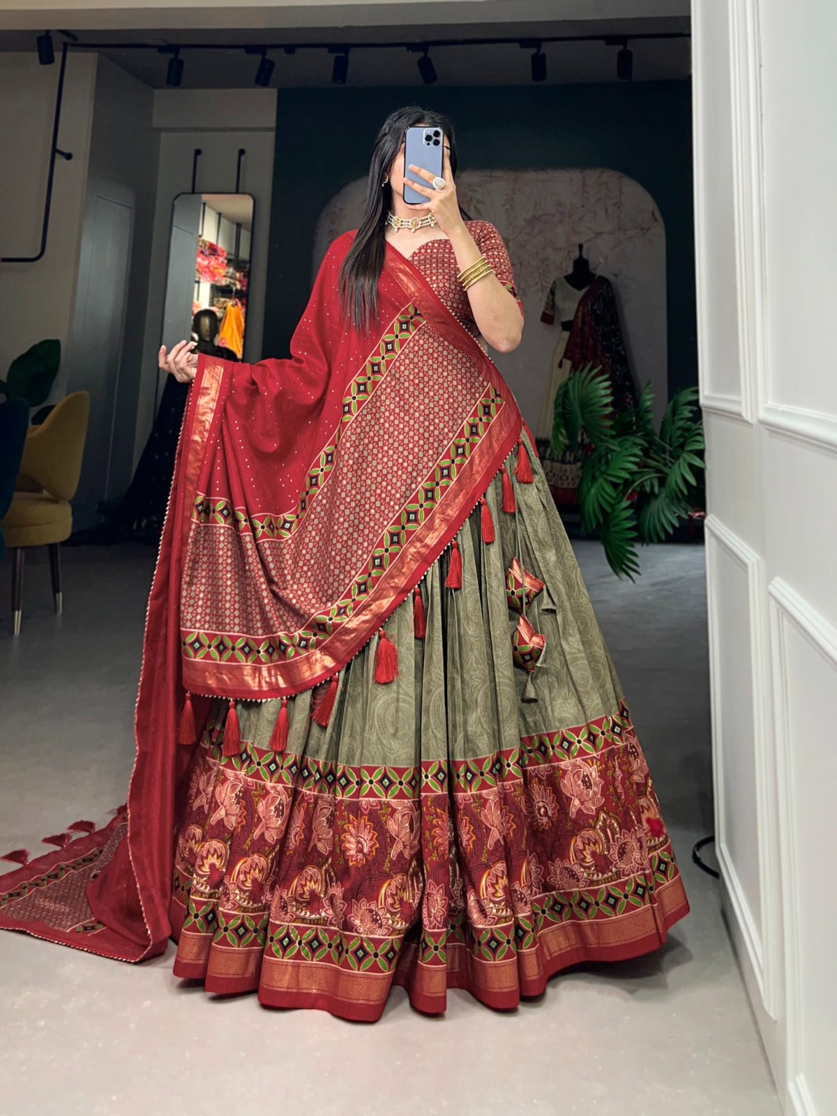 Ravishing Mehendi Green Tussar Silk Floral Printed Lehenga Choli - Ethnicwish