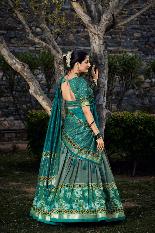 Lovely Sky Green Tussar Silk Floral Printed Lehenga Choli - Ethnicwish